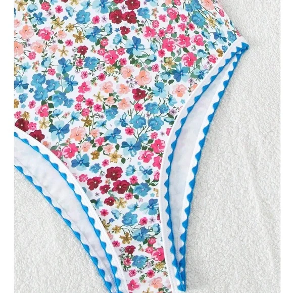 Boho Floral Print Criss Cross One Piece Monokini Swim Beach - Picture 3 of 5